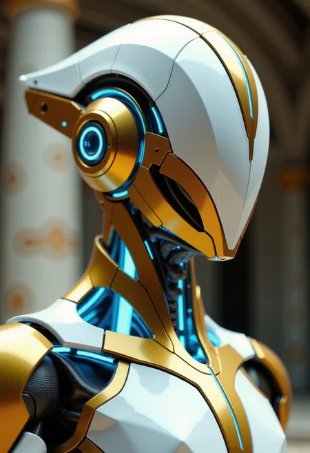 in the style of ckfa, Photorealistic portrait of a faceless android warrior, forged with the elegant, advanced technology and aesthetic of the StarCraft Protoss. Shown in a graceful quarter view, head held high with a slight contemplative tilt. Features a sleek helmet design with a flowing, golden V-shaped crest converging towards a central energy point, crafted from polished white and gold alloys. The helmet's sides are perfectly smooth, curving elegantly backwards. A brilliant, steady blue psi-energy glows softly from the central point and fine, inscribed conduits tracing the helmet's surface. Extremely intricate neck and upper torso are visible, displaying seamlessly layered golden and white plates with precise, glowing blue energy seams, suggesting advanced power systems and perhaps integrated Khaydarin crystal matrices. The design emphasizes smooth curves and technological sophistication over exposed mechanics. Set against a serene, out-of-focus background hinting at Protoss architecture or a Xel'Naga temple. Clean, ethereal cinematic lighting emphasizing the polished surfaces and radiant energy glow, hyperrealistic textures, shallow depth of field.