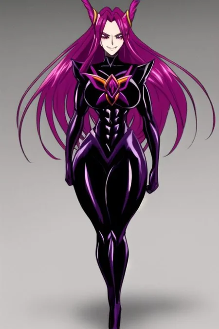 1girl, solo, full body, impossible bodysuit, DarkPrecure, evil smile, latex, detail, muscular, huge breasts, abs, wide hips, thick thighs