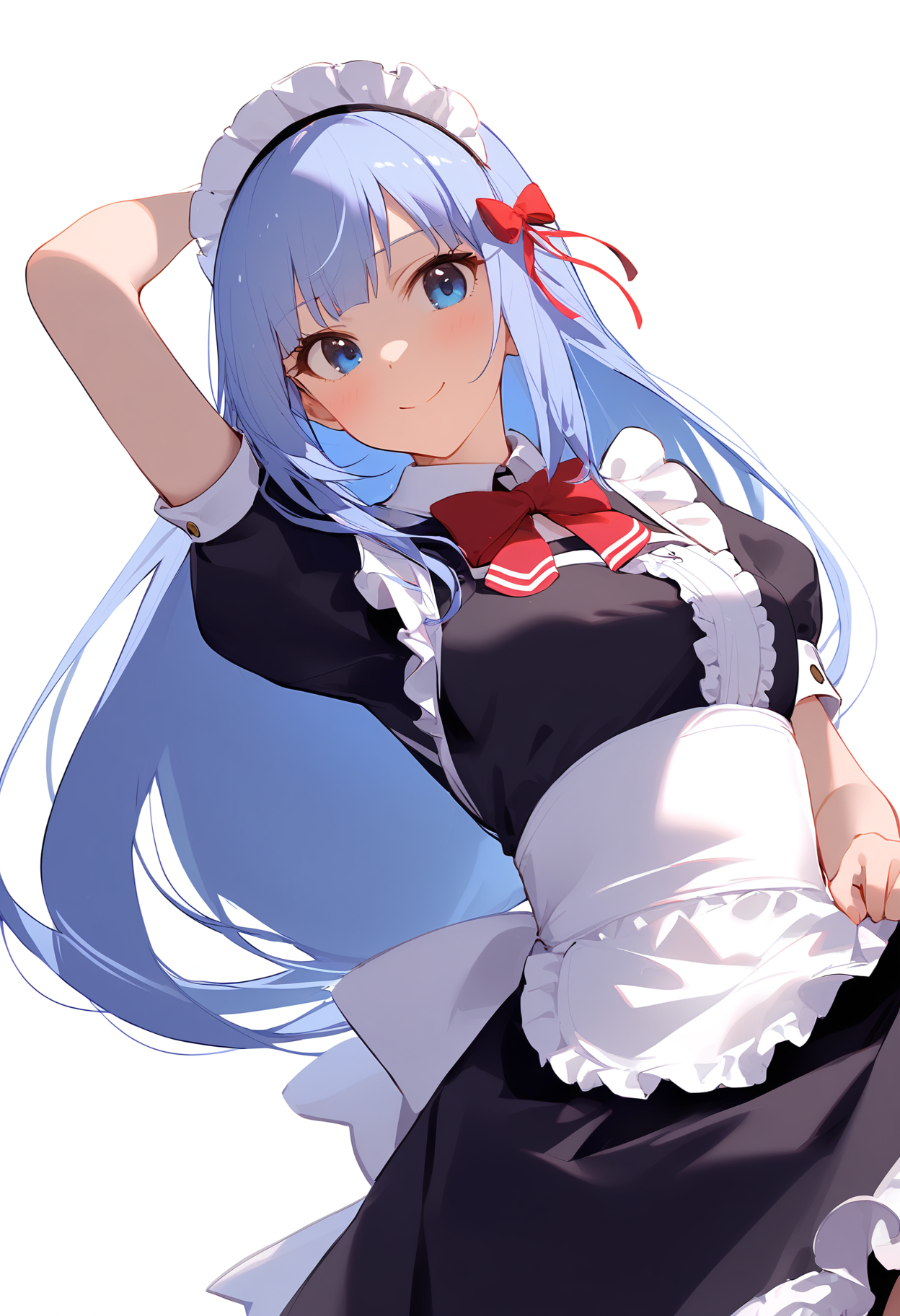 1girl,
shiraishi tsumugi,


closed mouth, blue eyes, arm up, light blue hair, bow, white background, white apron, short sleeves, looking at viewer, red bow, solo, cowboy shot, apron, hair between eyes, frills, breasts, waist apron, hair bow, smile, skirt hold, simple background, medium breasts, maid apron, maid headdress, bowtie, black dress, puffy short sleeves, blue hair, frilled apron, sidelocks, very long hair, standing, blush, dress, puffy sleeves, maid, red bowtie, long hair,

sfw
<lora:a31_char_new_shiraishi_tsumugi-000020:1> <lora:a31_style_koni-000010:0.8>