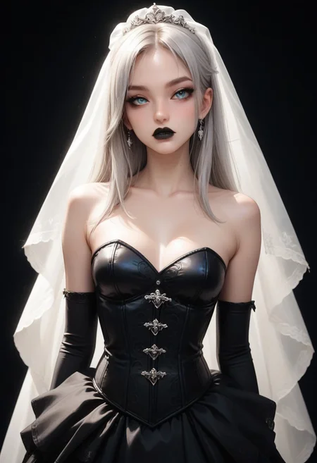 score_9_up, score_8_up, score_7_up,
1girl, skinny body, light gray hair, long hair, straight hair, blue eyes, eye shadow, makeup, full lips, ((black lips)),
small breast,
(bride veil), (black cloth corset), (black stockings), (black long gloves),
sexy pose, front view,
Semirealistic illustration, cowboy shot,
((black background)),