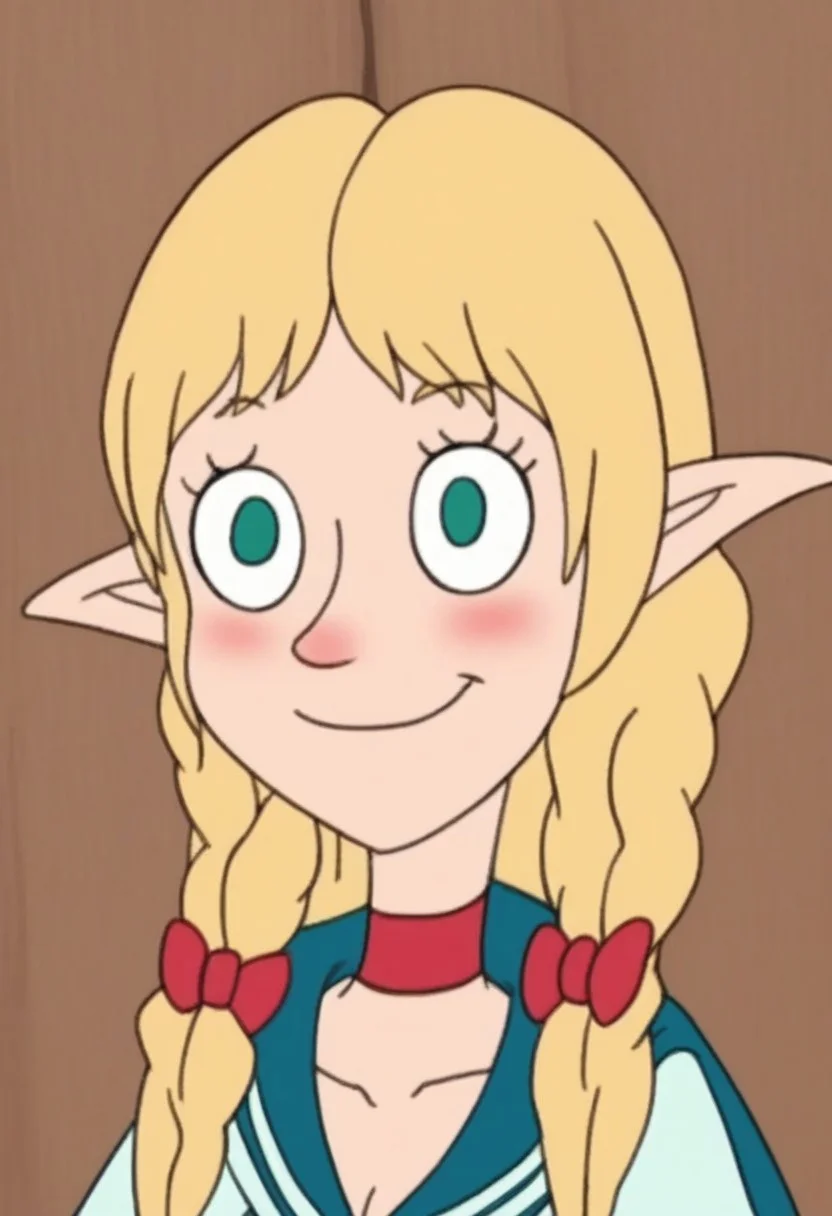 hhs1, blush,
1girl, solo, portrait, braid, bangs, smile, blush, smirk, collarbone, cleavage, blonde hair, long hair, green eyes, twin braids, hair bow, closed mouth, pointy ears, long pointy ears, red choker, red bow, blue sailor collar, choker, bow, sailor collar, hair over shoulder, looking to the side, wide-eyed, elf