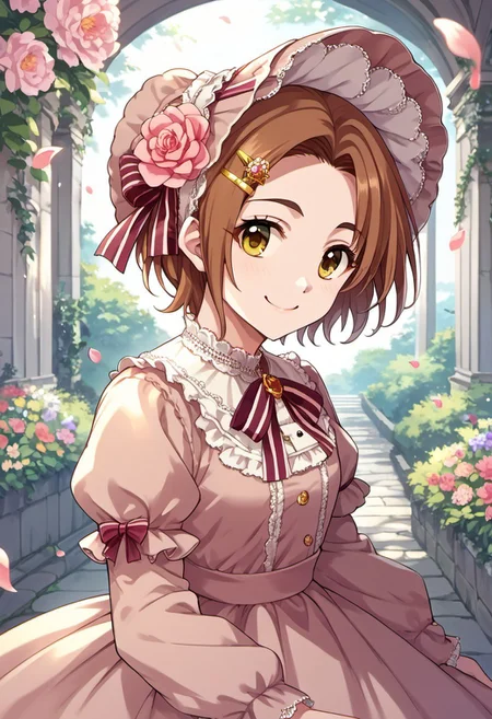 score_9, score_8_up, score_7_up, source_anime, ryuuzaki kaoru, short hair, yellow eyes, brown hair, 1girl, hairclip, hair ornament, solo, bonnet, dress, smile, flower, petals