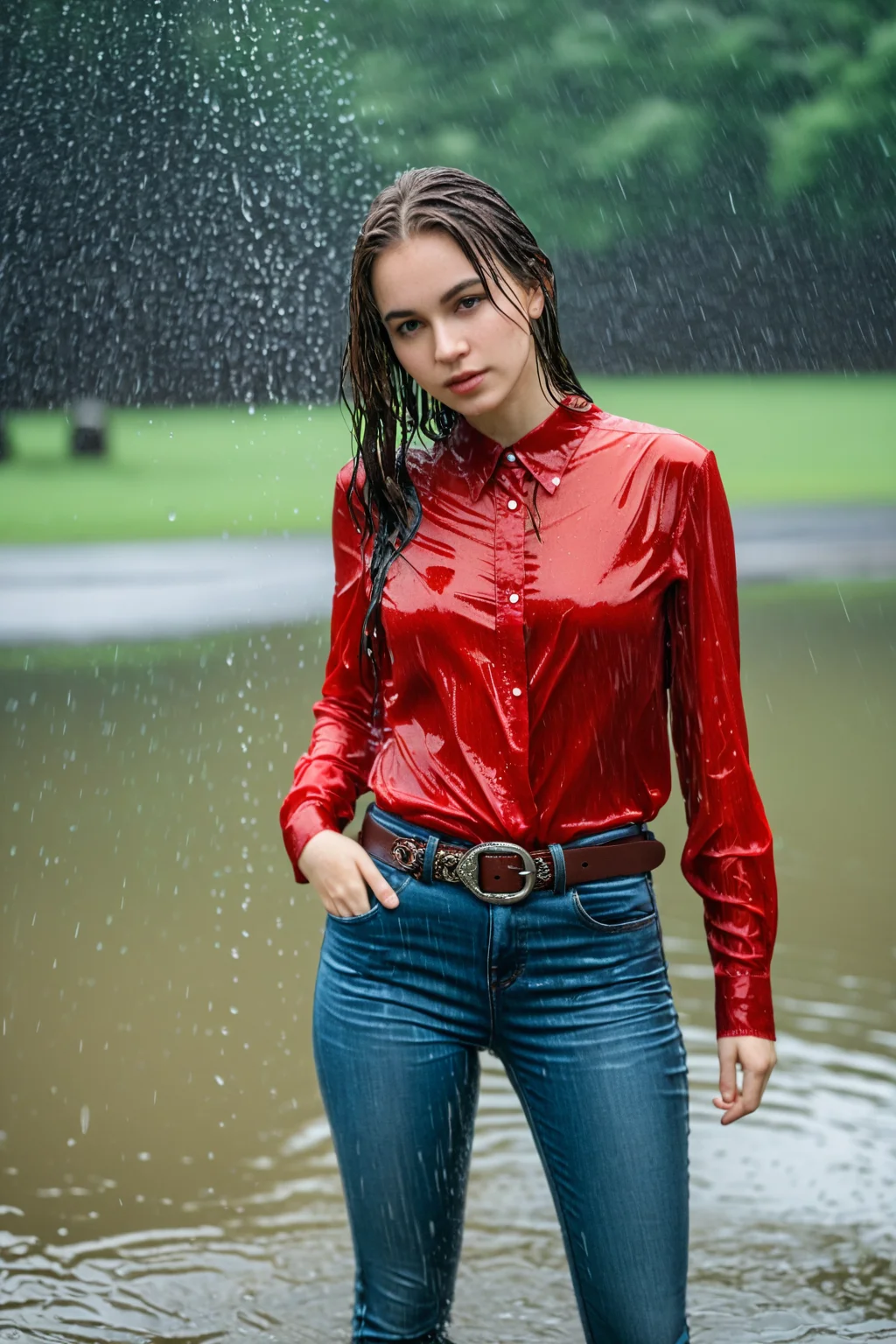 wetgirl, standing in the rain, water drop, wet hair, wet red silk shirt, shirt tucked into skinny jeans, belt, looking at viewer, photographed on a Fujifilm XT3, 80mm F/1.7 prime lens, cinematic film still, cinestill 500T, highly detailed, masterpiece, highest quality, intricately detailed, HDR, 8k, uhd, photorealistic, <lora:wetgirl_v3:0.75>