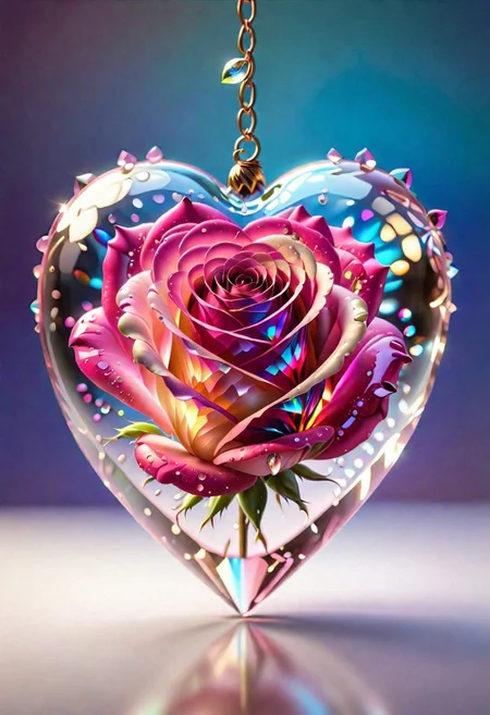 Studio quality, highly detailed, high resolution, smooth crystal heart, glass rose, pink and champagne, shimmering, sparkling, magical glow