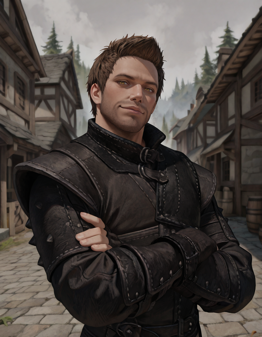 masterpiece, best quality, newest, perfect quality, best quality, detailed background, intricate details, male focus, realistic, solo, <lora:Skyrim Romance Mod - Bishop - Illustrious-000009:0.7>, srm_bishop, 1boy, brown hair, very short hair, yellow eyes, facial hair, leather armor, fingerless gloves, pants, village, upper body, crossed arms, head tilt, smirk, looking at viewer, from side