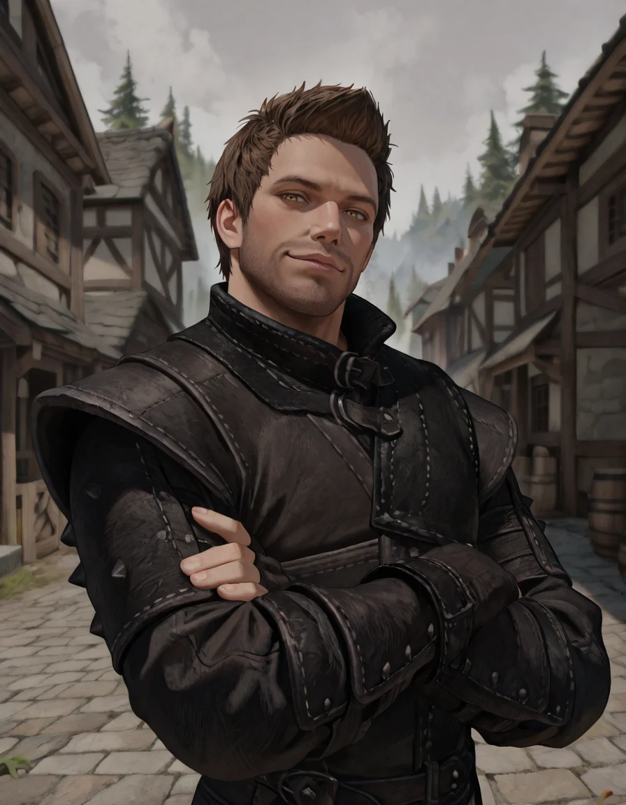 masterpiece, best quality, newest, perfect quality, best quality, detailed background, intricate details, male focus, realistic, solo, <lora:Skyrim Romance Mod - Bishop - Illustrious-000009:0.7>, srm_bishop, 1boy, brown hair, very short hair, yellow eyes, facial hair, leather armor, fingerless gloves, pants, village, upper body, crossed arms, head tilt, smirk, looking at viewer, from side