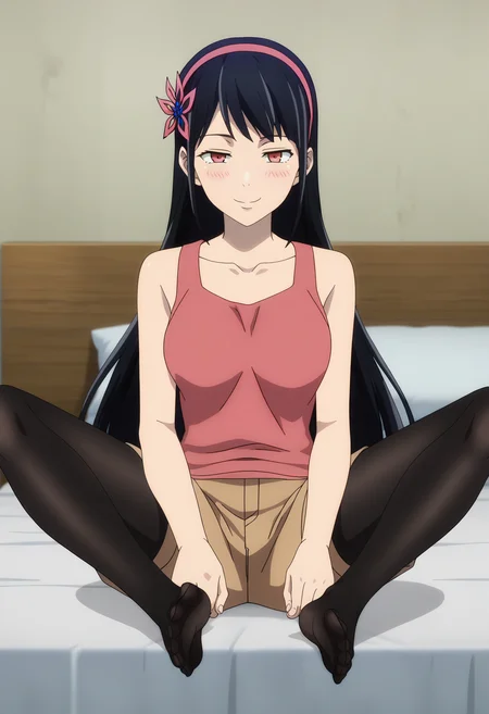 score_9, score_8_up, score_7_up, source_anime, rating_explict,
BREAK
1girl, solo, anime screencap, anime coloring,
<lora:shiYeonFinalV1:1>, yeonpnk, long hair, black hair, red eyes, hair ornament, hairband, hair flower,
bare shoulders, collarbone, pink tank top, pink shirt,
brown shorts, pantyhose under shorts, black pantyhose, soles, feet, spread legs,
looking at viewer, seductive smile, half-closed eyes, blush,
indoors, bed,