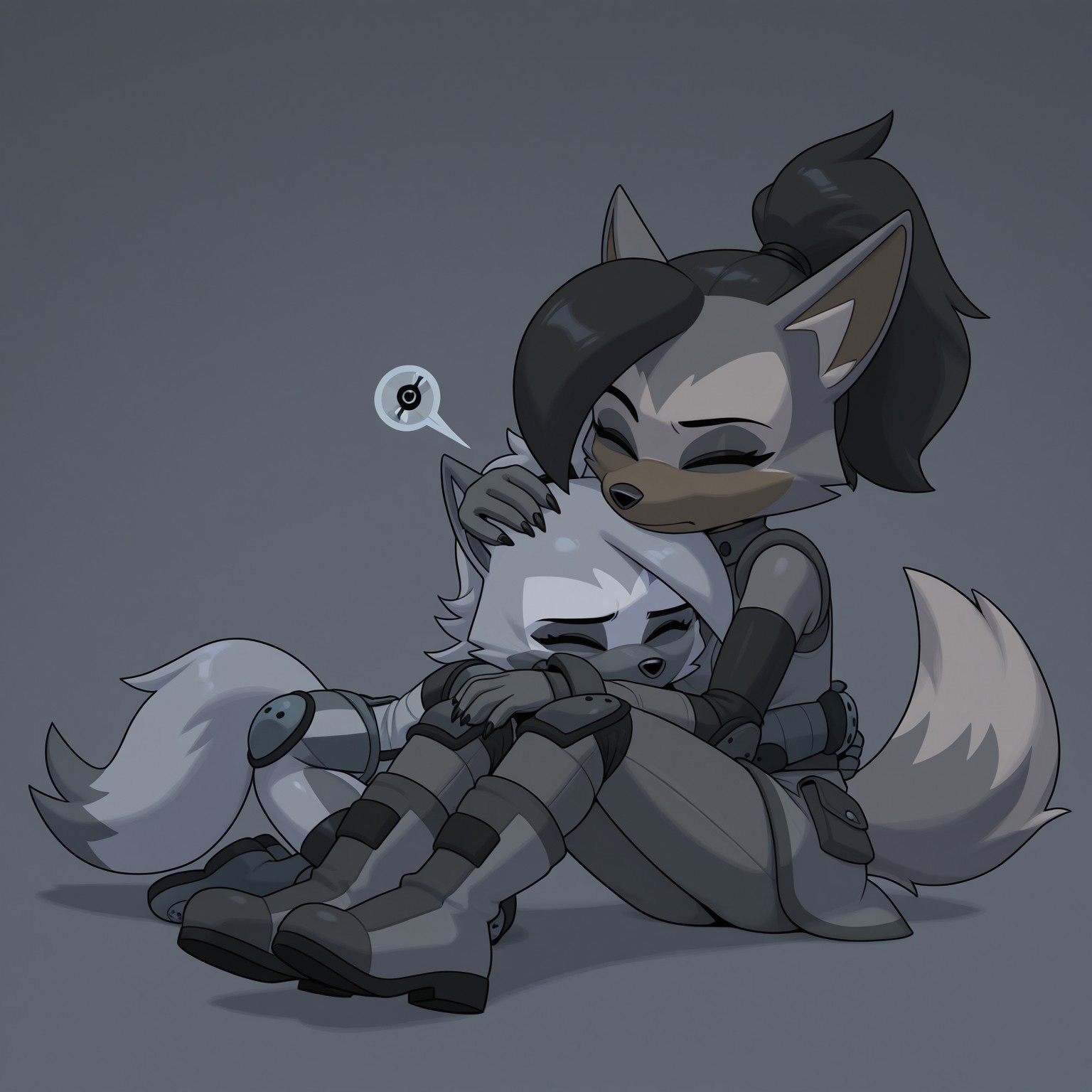 black nose, long-pointed ears, ponytail, black hair tie, thick hair bang that covers her right eye, bushy tail , , anthro, wolf, dark gray arm sleeves with black elbow pads, dark gray and light gray gloves with visible black claws, and dark gray knee sleeves, black knee pads, boots, eyes closed, , whisper the wolf, 