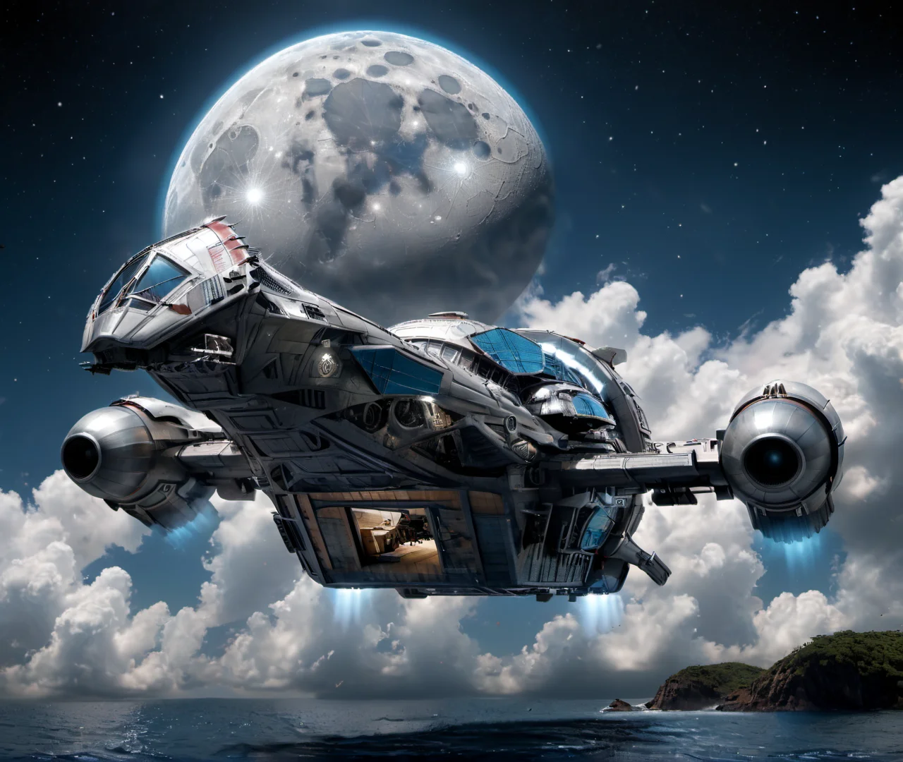 a (large) s3r3n1ty spaceship landing on a mega yacht, (symmetrical :1.2), (dslr:2.0), 8k, photorealistic, moon <lora:s3r3n1ty_SDXL_v1_32-000031:1> <lora:xl_more_art-full_v1:0.8>