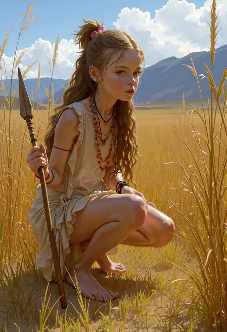 SWMS, masterpiece, best quality, ultra high resolution, a masterpiece that captures the captivating charm of a beautiful painting decorated with baroque patterns. A young adult huntress from the Stone Age crouches low in the tall, wild grasses of a vast, untamed landscape. Her bare feet press into the cool earth, leaving faint imprints as she silently stalks her prey. Her skin, weathered by the elements, is smeared with dirt and natural pigments, giving her a fierce, primal appearance. She wears a simple, fur-lined tunic made from animal hides, draped loosely over her muscular frame, with bone and stone beads strung around her neck. Her hair, long and wild, is tied back with a strip of leather, revealing sharp, focused eyes that scan the horizon for movement. In her hands, she grips a hand-carved wooden spear, ready to strike at any moment. The world around her is harsh and untamedâdistant mountains loom under a vast, cloud-streaked sky, while the wind whistles through the scattered trees and rugged terrain. Every sound, from the rustling leaves to the call of distant animals, is a reminder of the wild and dangerous life she leads. (prehistoric, primal, survival, detailed, atmospheric detailed drawing <lora:FLUX - SWMSF - Styles for FLUX ( detailed drawing, swms ):1> <lora:FLUX - Surreal_Photo (Glitter):0.6>