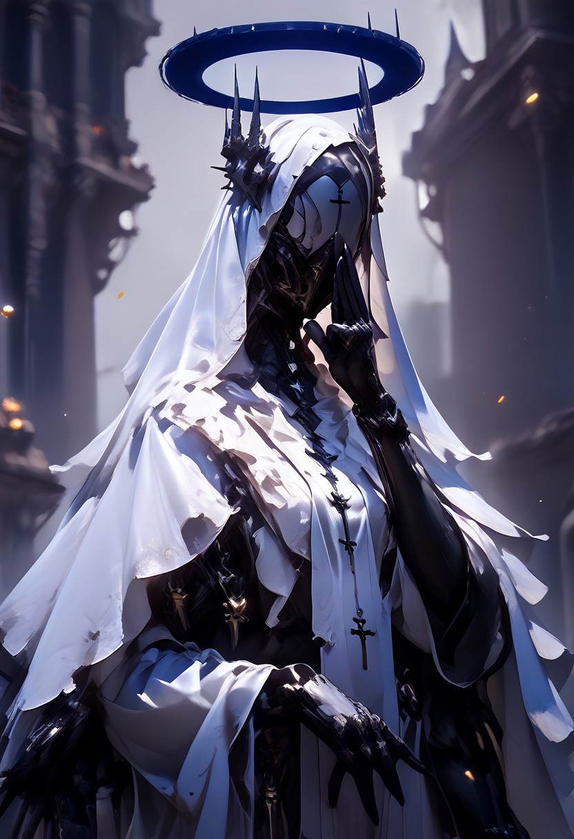 Realistic, (score_9, score_8_up), score_7_up, 1girl, jewelry, hood, necklace, armor, mask, halo, helmet, cross, (crown), veil, cloak, spikes, robe, covered face, al13ng0d, solo, veil, black skin, hood up, (((huge saggy breast))), (mcnm), blurry background, dark, CINE, (embers),
,
Break
((4arms, 4arm)), hand gesture, depth of field, hand gesture, dark and moody lighting, ruins, cathedral,
 <lora:unholy-000009:0.75>   <lora:CINE-000008:0.5>  <lora:add-detail-xl:-1> <lora:EnvyBetterHiresFixXL01:0:hr=1>