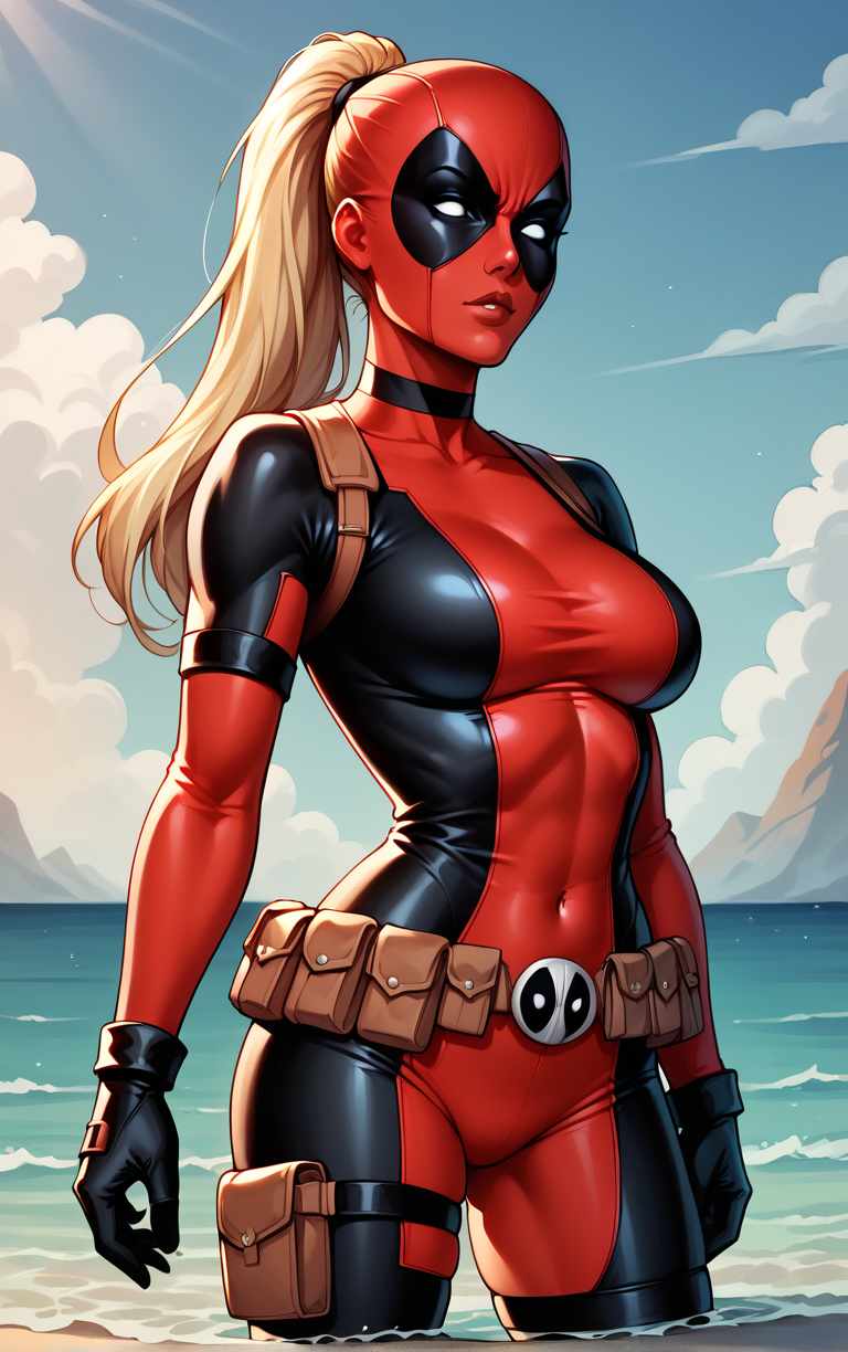 score_9, score_8_up, score_7_up, BREAK 
COMICS_LadyDeadpool_ownwaifu, 
1girl, blonde hair, empty eyes, high ponytail, large breasts, masked,  superhero, toned, very long hair, white eyes, mask, long hair, no pupils, narrow waist, 
bodysuit,  red bodysuit, black bodysuit, brown belt, multicolored bodysuit, belt pouch, utility belt, skin tight, belt, holster, gloves, pouch, covered navel, armor, choker, thigh strap, thigh holster, thigh pouch, ninja,
(wading, beach), head tilt, sidelighting, ocean, sky, water, caustics, cowboy shot, <lora:PONYXL_COMICS_LadyDeadpool_ownwaifu:0.8> , depth of field, solo,