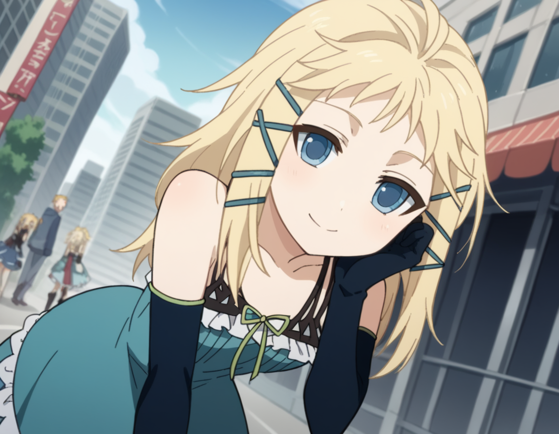 score_9, score_8_up, score_7_up, source_anime,
tinasprout, <lora:tina-sprout-s1-ponyxl-lora-nochekaiser:1>,
tina sprout, long hair, blonde hair, hair ornament, blue eyes,
gloves, dress, bare shoulders, frills, black gloves, elbow gloves, blue dress, frilled dress,
cityscape, street, smile, bent over,
looking at viewer, cowboy shot, solo, dutch angle