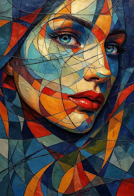 This image is a vibrant, abstract painting that resembles a human face, executed in a style reminiscent of geometric abstraction and op art. The central subject is a woman's face, portrayed in a series of overlapping, interlocking geometric shapes in a kaleidoscopic array of colors. The predominant colors are deep blues, rich reds, warm oranges, and cool greens, creating a visually striking and dynamic composition.
The woman's face is composed of numerous interconnected lines and shapes, which form her eyes, nose, mouth, and hair. Her eyes, depicted with intense detail, are a focal point, with a deep blue iris and a light blue sclera, surrounded by intricate patterns. Her lips are painted a vivid red, contrasting sharply with the surrounding colors. The hair is represented by a series of flowing, curving lines in shades of blue, red, and orange, suggesting movement and fluidity.
The background is a complex web of interconnected shapes, adding depth and texture to the image. The overall effect is one of depth and movement, with the interplay of colors and lines creating a sense of three-dimensionality and energy. The painting is executed in a highly detailed, precise manner, with smooth, even brushstrokes that enhance the geometric precision.