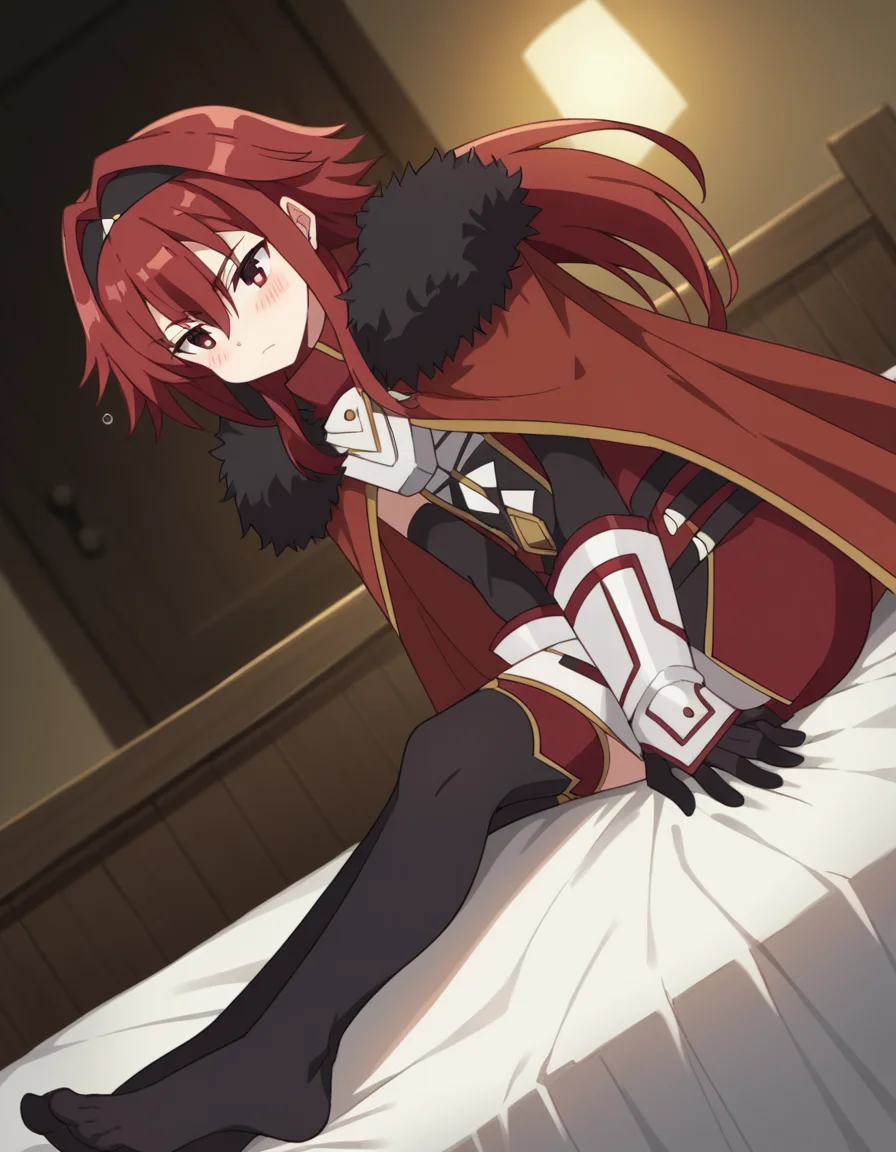 score_9, score_8_up, score_7_up, source_anime, <lora:bofuri-mii-s2-ponyxl-lora-nochekaiser:1>, mii, long hair, bangs, red eyes, hair between eyes, sidelocks, red hair, hairband, black hairband,, gloves, black gloves, cape, armor, fur trim, red cape,, indoors, bed, bed room, on side, blush, drunk,, , , foot on tiptoe, hand behind back, elbow bent, solo,, cowboy shot, dutch angle