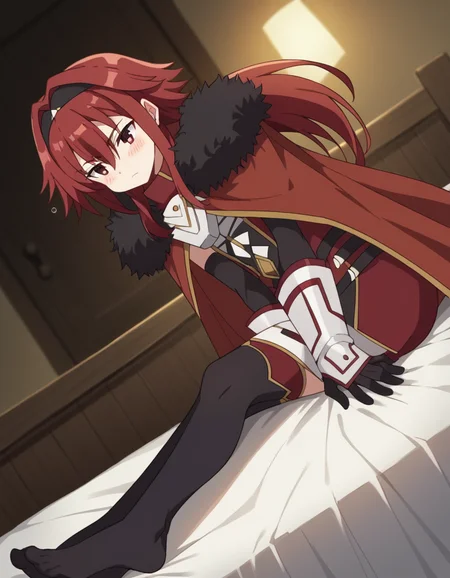 score_9, score_8_up, score_7_up, source_anime, <lora:bofuri-mii-s2-ponyxl-lora-nochekaiser:1>, mii, long hair, bangs, red eyes, hair between eyes, sidelocks, red hair, hairband, black hairband,, gloves, black gloves, cape, armor, fur trim, red cape,, indoors, bed, bed room, on side, blush, drunk,, , , foot on tiptoe, hand behind back, elbow bent, solo,, cowboy shot, dutch angle
