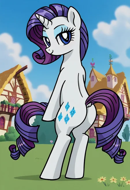 score_9, score_8_up, score_7_up, score_6_up, score_5_up, score_4_up, source_anime, anime screencap, anime coloring, retro artstyle, BREAK, tall  skinny slender slim equine Rarity, unicorn, female, mare, pony, solo, horse butt, perfect butt, bubble butt, 8U881E, toned body, toned forelegs, outdoors, back roads, dutch angle, looking at viewer, perspective, <lora:EarlyAkira_v4:0.4> <lora:Pony_MLP_v1.5:1>  <lora:8U881E:0.6> <lora:pony_001:1> <lora:1990s_hentai-V1:0.4>