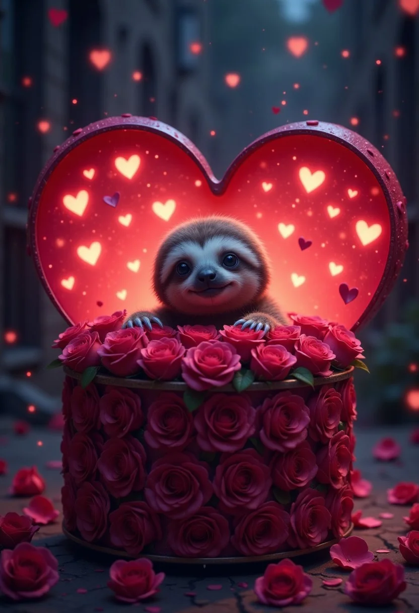 aidmaLOVEboost, they glow at night, a high quality digital image of an adorable little sloth peaking his head out from a large intricate heart shaped box full of roses, he loves you so much aww.