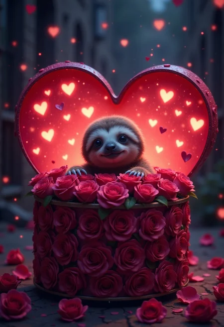 aidmaLOVEboost, they glow at night, a high quality digital image of an adorable little sloth peaking his head out from a large intricate heart shaped box full of roses, he loves you so much aww.