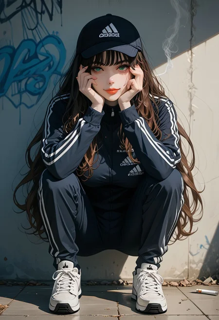 safe_Pos, score_9, score_8_up, score_7_up, Expressiveh, source_anime, s1_dram, uk1h4j1m3, g4n1m3, jsyu_style, IIIIIIIIIIIIIIIIIIIIIIIIIIIIIIIIIIIIIIII,
1girl, beautiful, long hair, dark brown hair, gradient hair, squatting vodka, vodka bottle on the floor, gopnik face, Russian woman, tracksuit, adidas, black tracksuit, black adidas cap, white sneakers, green eyes, smug, huge breasts, sagging breasts, dirty entrance, stairwell, graffiti, cigarettes butts on the floor, post-Soviet style, hands on knees, cigarette in mouth, smoking
