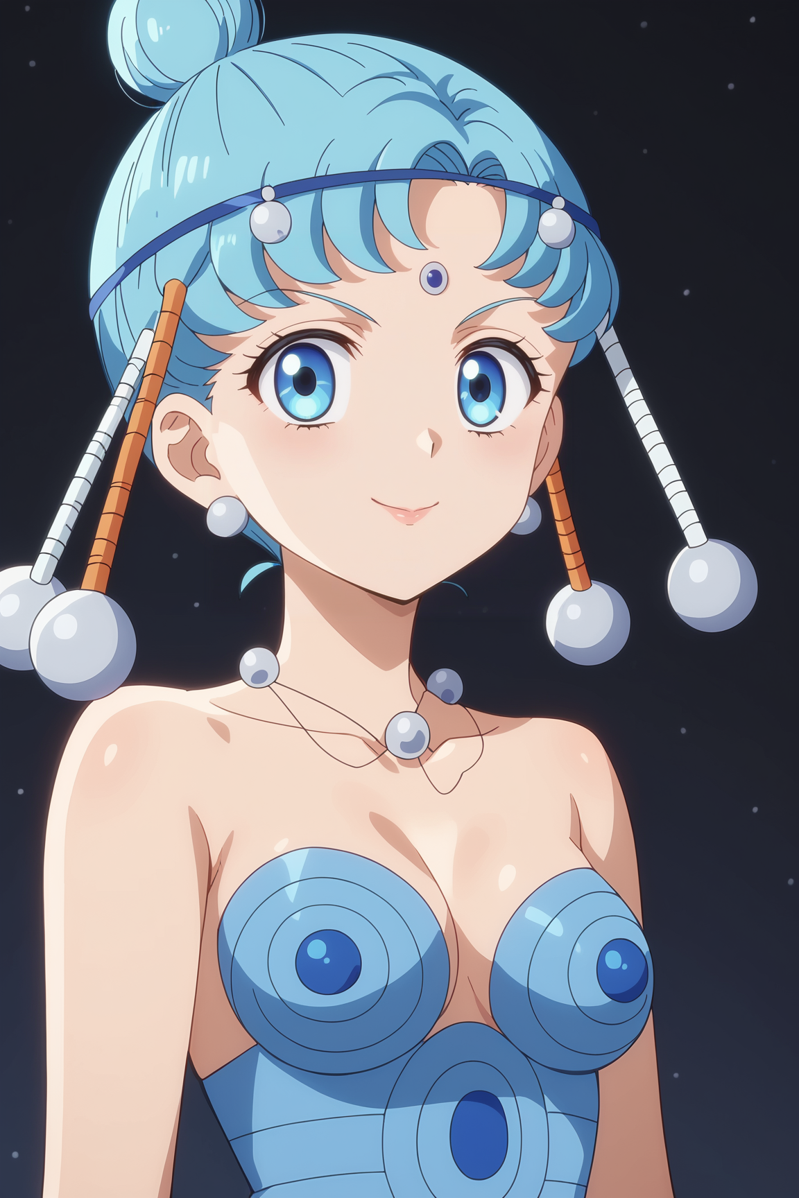 score_9, score_8_up, score_7_up, prefect lighting, source_anime, very aesthetic, BREAK, anime coloring, anime screencap,
<lora:pallapalla_sailor_moon_v1-pdv6:0.9>, 1girl, pallapalla \(sailor moon\), bishoujo senshi sailor moon crystal, blue eyes, blue hair, short hair, single hair bun,
pallaout, jewelry, necklace, blue leotard, bare shoulders, cleavage, earrings, forehead jewel,  
BREAK, looking at viewer, smile, legs,
BREAK,