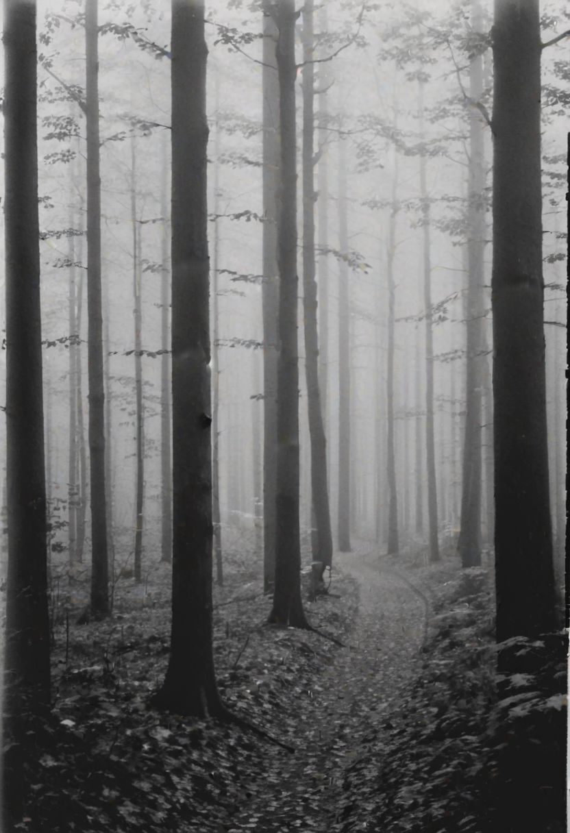 KB_Kentmere400, instagram photo,a foggy forrest,  soft shadows, film grain