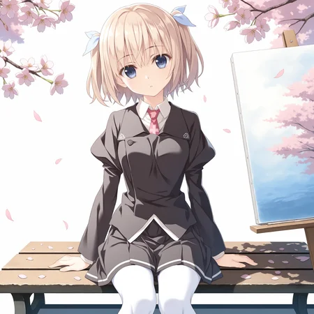<lora:Onda_Nei_2_nai-000046:1>,Onda Nei,two side up,
school uniform,white pantyhose,
1girl,solo,sitting,front view,on bench,simple background,cherry blossoms,canvas,falling petals,arm support,head tilt,looking at viewer,