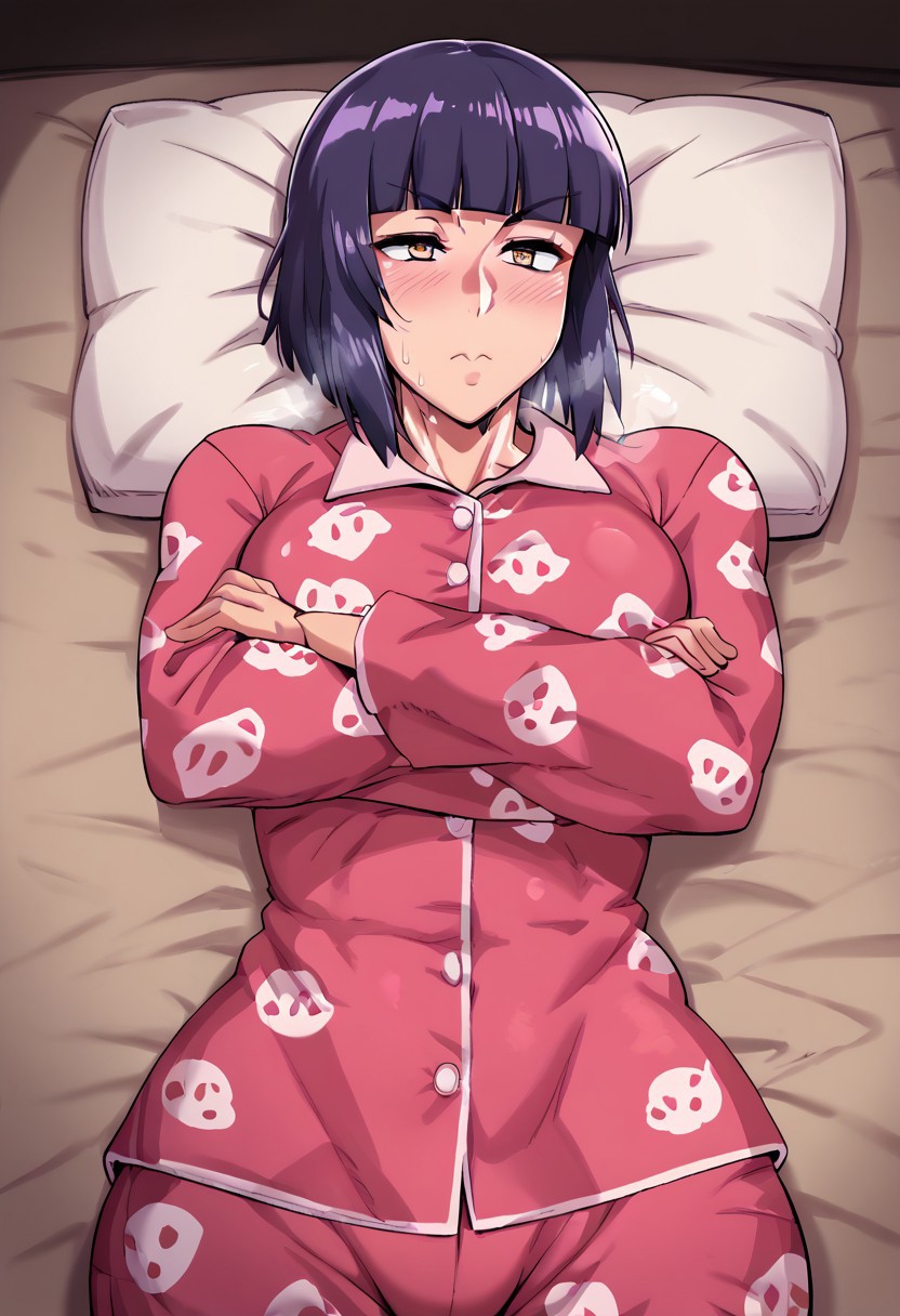 score_9, score_8_up, score_7_up, score_6_up, 
, 1 Boy, solo, perfect face, 
 detailed eyes, 
BREAK score_9, score_8_up, score_7_up, score_6_up, source_cartoon, rating_explicit <lora:officialpit_style_v11:0.8>zPDXLxxx,  bedroom background, bedroom, heat body, shiny skin, dominant male, femine body, 
,   tan , 
Araizumi Rui, short hair, bangs,  purple hair, blunt bangs, purple hair,cowboy shot, 
perfect face, perfect eyes, beautiful eyes, petite body,, clevage, sweaty, steamy, , detailed face, blush, sweet face, heat body, upper body only, best quality,medium quality,, blushing, lying_on_stomach,,hugging_pillow, lying_on_bed, , pajamas,long hair, half-closed eyes,adorable,