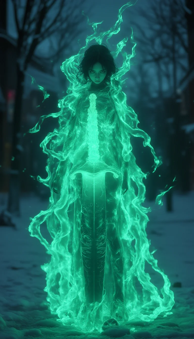 <lora:FL-bailing-24-0906Fire Spirit-000008:0.7>,bailing_fire,composed of fire elements,fire element,girl made of blue flames,Fire Skin,surrounded by blue flames.,
Photorealistic,Cinematic Texture,a distant shot of a girl made entirely of green flames,resembling a ghost,standing on a winter street. Her full body,composed of flickering green flames,appears as a translucent,glowing ghost-like figure. In one hand,she holds a magical sword,its blade radiating an otherworldly green aura that complements her fiery form. The swordâs intricate,enchanted design flickers with sparks of energy,as if connected to the girl's essence. Her fiery form emits a soft,eerie green light,blending with the surroundings,and the glowing sword adds to the ethereal,haunting atmosphere as she stands alone in the cold winter night.,