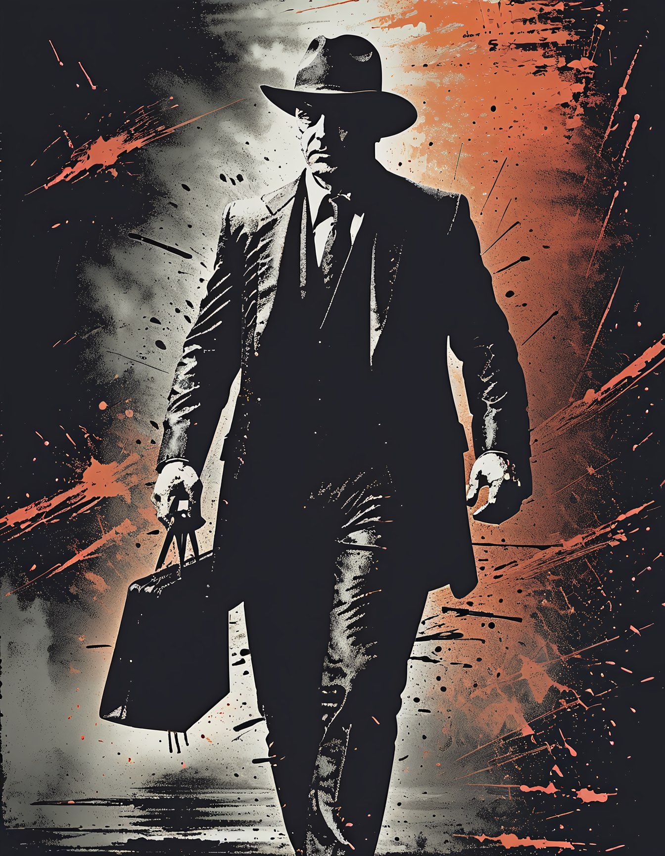 impactful paint of a mafioso carrying a briefcase, highly detailed, professional painterly, high contrast, oversaturated, deep blacks, painterly, color splashing, 4k, uhd, masterpiece