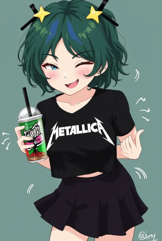 make an emo girl with dark green short curly hair with a bit of blue hue on the top of head, black Metallica shirt on, star hair clips, black mini skirt with her eyes closed and looking happy, holding master shake(looking mad and trying to get out of her arms), little white lines on the girls arms. anime style.