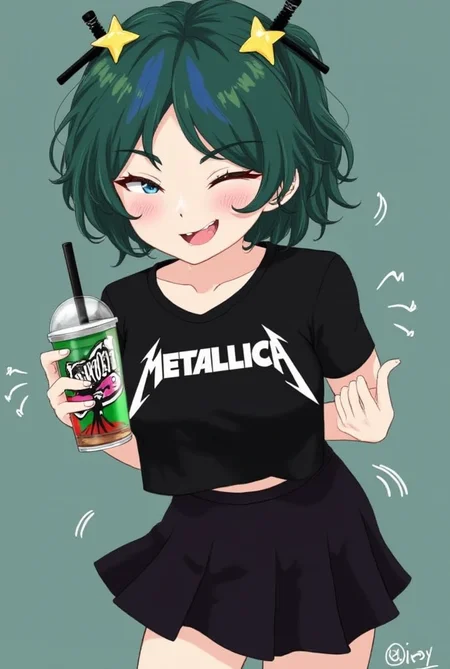 make an emo girl with dark green short curly hair with a bit of blue hue on the top of head, black Metallica shirt on, star hair clips, black mini skirt with her eyes closed and looking happy, holding master shake(looking mad and trying to get out of her arms), little white lines on the girls arms. anime style.