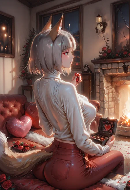masterpiece, best quality, amazing quality, very aesthetic, absurdres, newest, (scenery, volumetric lighting),depth of field, 1girl,solo,sfw,((from behind:1.2),(from_back:1.2),,Cowboy Shot) , eyeliner,edytha rossmann, world witches series, 1girl, fox ears, fox tail, brown eyes, grey hair, short hair,, 1girl,  ^^^, long sleeves, white sweater, turtleneck, red jeans, flower, roses, hearts, cherry blossom petals,holding box of chocolates,medium breasts, medium and teardrop shaped breasts,(covered breasts:1.3),curvy,skindentation,butterfly_sitting, romantic, in love, living room, cozy atmosphere, sitting, fluffy rug, sofa, heart balloons, fireplace, window,crack_of_light, spring_(season),solo focus, unsr,,(shiny skin:0.7),(sakimichan:0.8,wlop:0.5),masterpiece, best quality, amazing quality, very aesthetic, absurdres, newest, (scenery, volumetric lighting),depth of field,gobo lighting,miyake kasuhiko,  <lora:memento mori:0.6> <lora:MoriiMee_Gothic_Niji_Style_Illustrious_r1:0.8> artist:moriimee <lora:ral-vltne:1> ral-vltne <lora:TQ_-_Rustic_Wooden_Valentines_Day_Backdrops:1>  <lora:GOBOLightingILL:1> gobo lighting, shadows