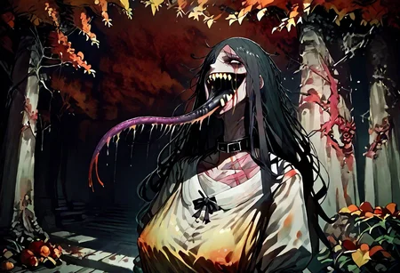 score_9, score_up_8, masterpiece, best quality, explicit, 
hasshaku-sama, mature woman, large woman, tall woman, sagging breast, enormous breast, long hair, black hair, horror (theme), collar bone, bony body, skinny, anorexic, fall season, trees, red yellow and orange leaves, falling leaves, night, garden, Expressiveh,  
 teeth, tongue, open mouth, horror, blood, (((stiches, scars))), black tongue, very long tongue, black tears, full body