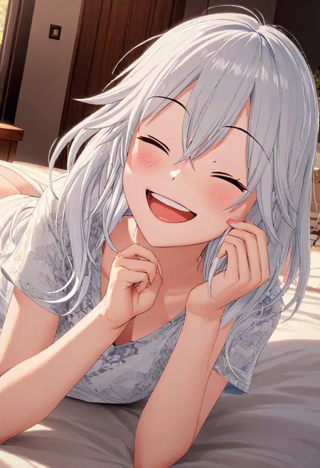 high quality, high detail, 1girl, beautiful girl, joy, happy, laugh, realistic lighting, very detailed drawing, full body,white hair