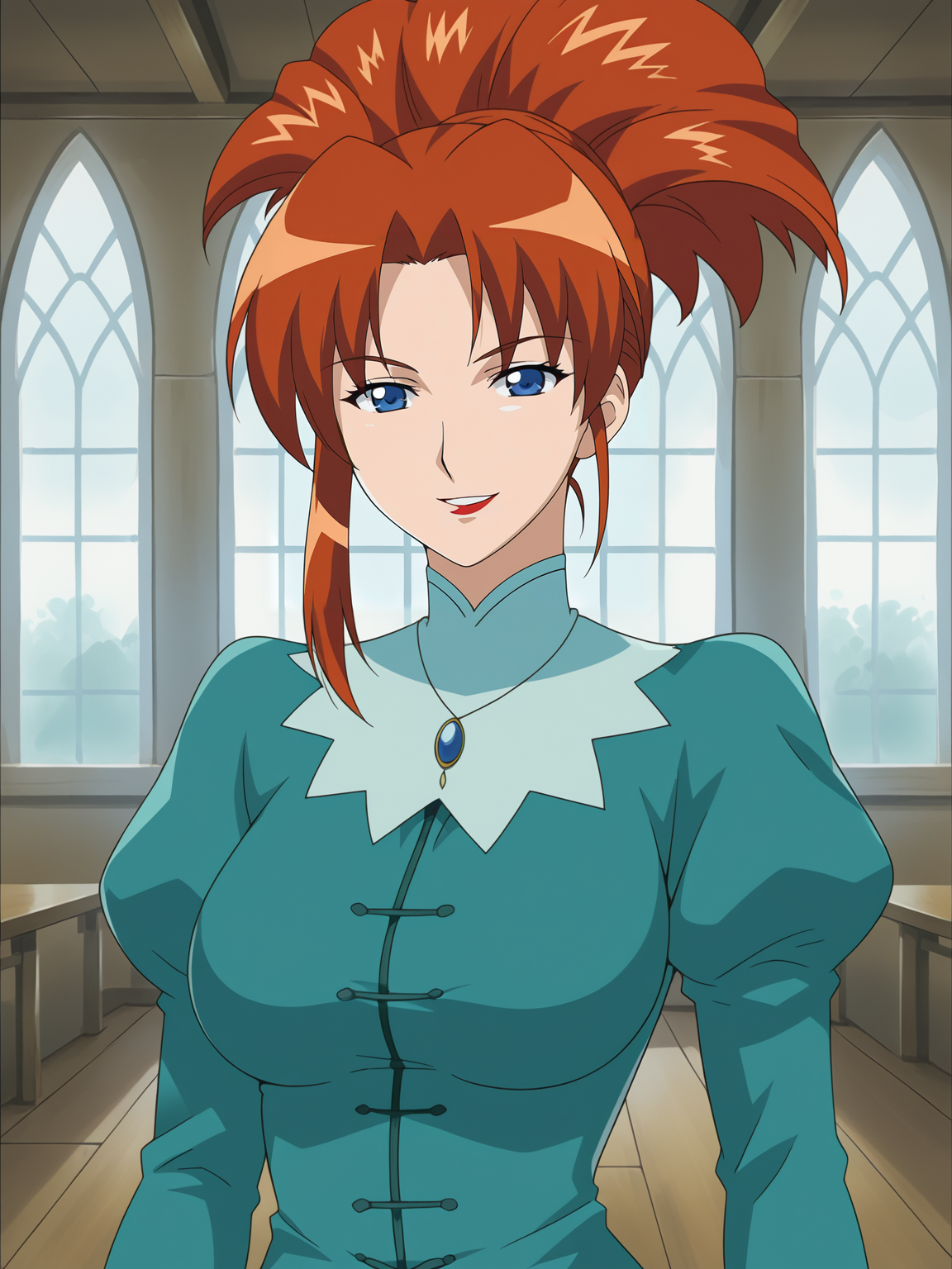 <lora:Marianne-The_Duchess_of_Busty_Mounds:0.7>,Marianne,1girl,solo,blue eyes,red hair,lipstick,ponytail,breasts,juliet sleeves,dress,upper body,looking at viewer,indoors,smile