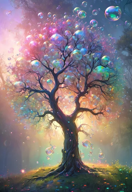 A whimsical tree made entirely of transparent soap bubbles, iridescent spheres forming the trunk, branches, and leaves. Sunlight filtering through the bubbles, creating rainbow reflections. Floating in a surreal, misty background. Hyper-detailed, digital art, fantasy concept art. Vibrant colors, magical atmosphere, ethereal glow. Bubbles of varying sizes, some bursting and releasing tiny sparkles. Dreamy and fantastical scene, dreamlike digital painting,colorful painting,beautiful gorgeous digital art,style of greg rutkowski,janek sedlar,jenny saville:0]  <lora:vivid_everclear:0.35>  <lora:Sinozick:0.35>  <lora:MJ52:0.35>