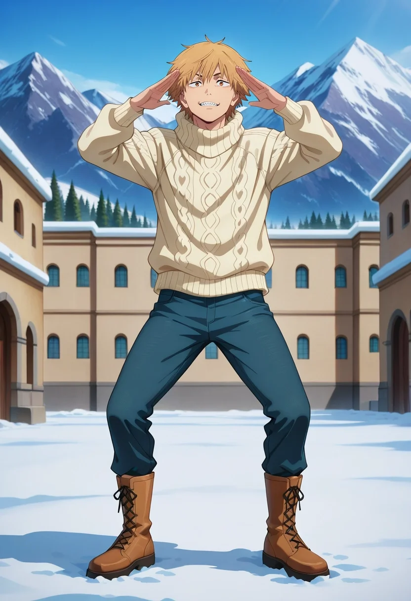masterpiece, best quality, , anime screencap, anime coloring, official style, , 1boy, solo, male focus, <lora:denji_chainsaw_man_ilxl:0.9>, denji_chainsaw_man, blonde hair, brown eyes, short hair, bangs, sharp teeth, mountain monastery, rocky shrines, snow-covered courtyards, serene halls, meditating pose, wise expression, dawn light, Cropped jeans, Light yellow Suede Fleece pullover, Boots, Flat cap, and