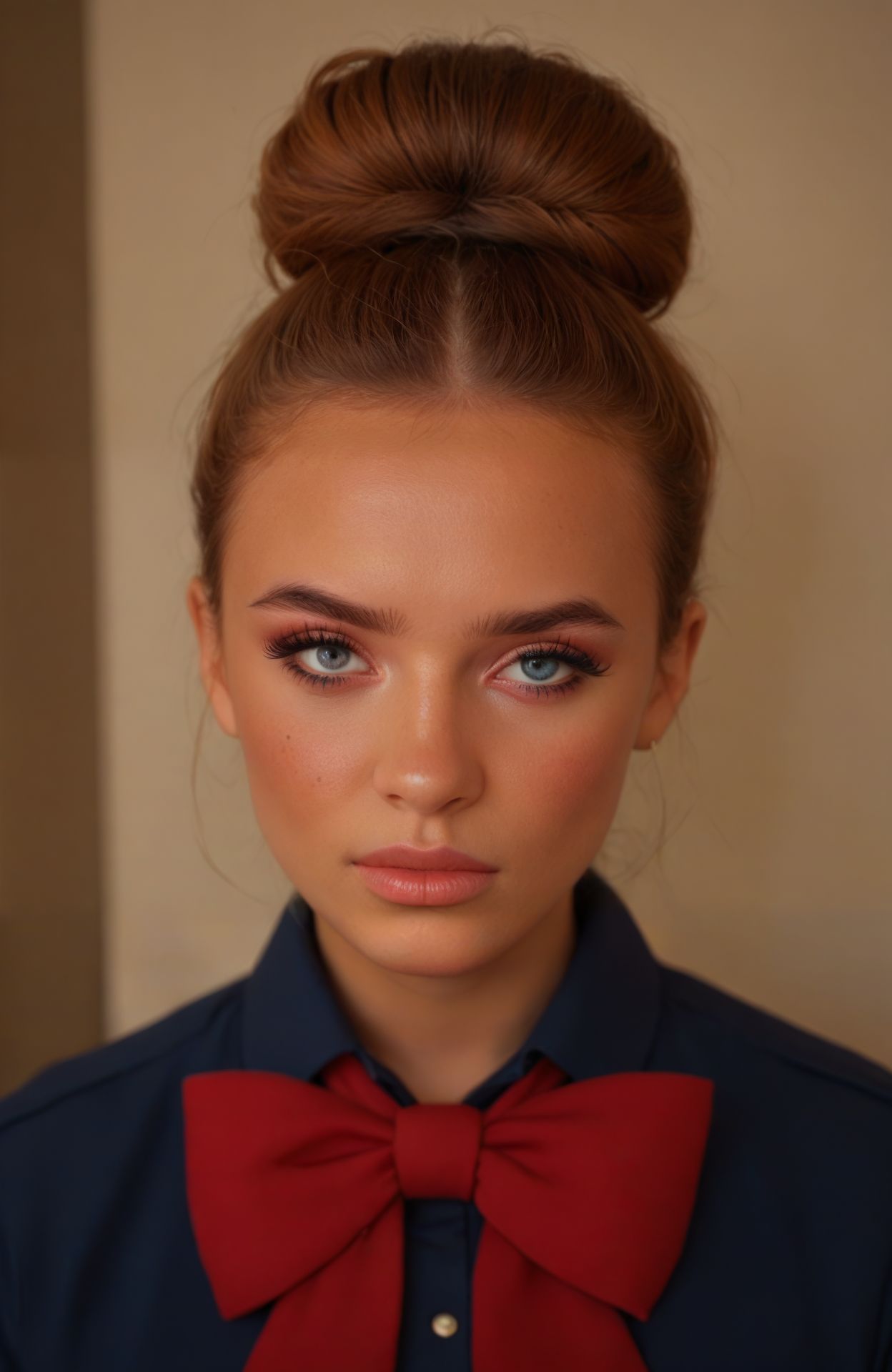 <lora:chav_pny-6:0.8> chav style, creating a stark contrast with the makeup. Her face is heavily contoured with a focus on exaggerated features: prominent cheekbones, high bun with some strands escaping around her face. She has striking, humorous makeup look. The subject has a rich, and angular style, and wears a bold, accentuated by thick, dressed in a school uniform. She has a striking appearance with exaggerated makeup that accentuates her features. Her skin tone is light, and onto her neck, score_9, score_8_up, score_7_up, score_6_up, score_5_up, score_4_up