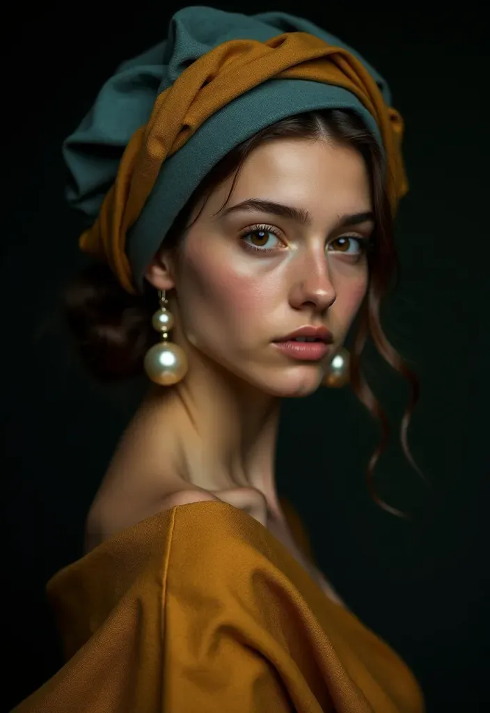 cinematic classical portrait, soft Rembrandt lighting, ultra-realistic facial detail, soft-focus realism, oil painting texture effect, warm muted color tones, rich shadows and highlights, gentle skin texture, natural pose, aged canvas grain, soft filmic glow

A young woman turns her head gently over her shoulder, gazing directly at the viewer with wide, expressive eyes. Her skin is luminous and smooth, her lips slightly parted in a mysterious expression. She wears a deep golden-brown garment and a rich ultramarine blue and ochre turban, softly wrapped around her head. A single large pearl earring hangs from her ear, catching the light delicately. The background is a near-black, velvety void that makes her face and attire glow subtly. The lighting is soft yet directional, casting natural shadows that highlight the graceful contours of her face and neck.