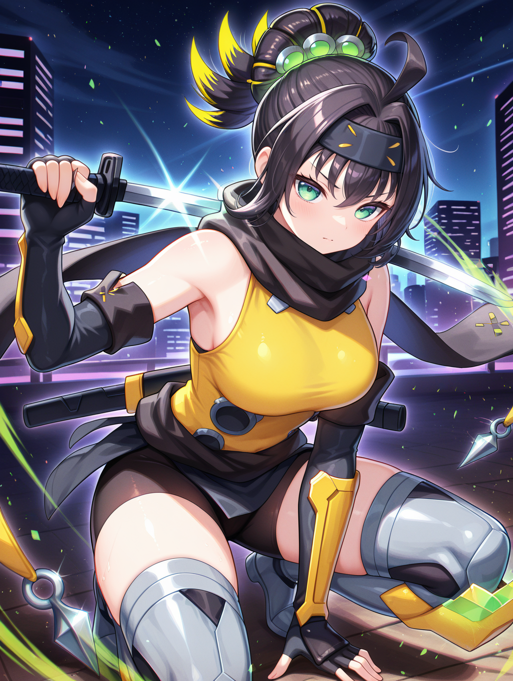 sp little knight, yellow sleeveless shirt, black forehead protector, black fingerless elbow gloves, yellow thigh boots, silver hair ornament, 1girl, kunai, solo, fighting stance, glitch, dual wielding, katana, holding katana, looking at viewer, black scarf, holding kunai, black gym shorts, black waist sash, night sky, 
masterpiece,best quality,amazing quality,very aesthetic,absurdres,newest,<lora:Sp Little Knight & S-Force Rappa Chiyomaru illusXL v1.1:0.75>,