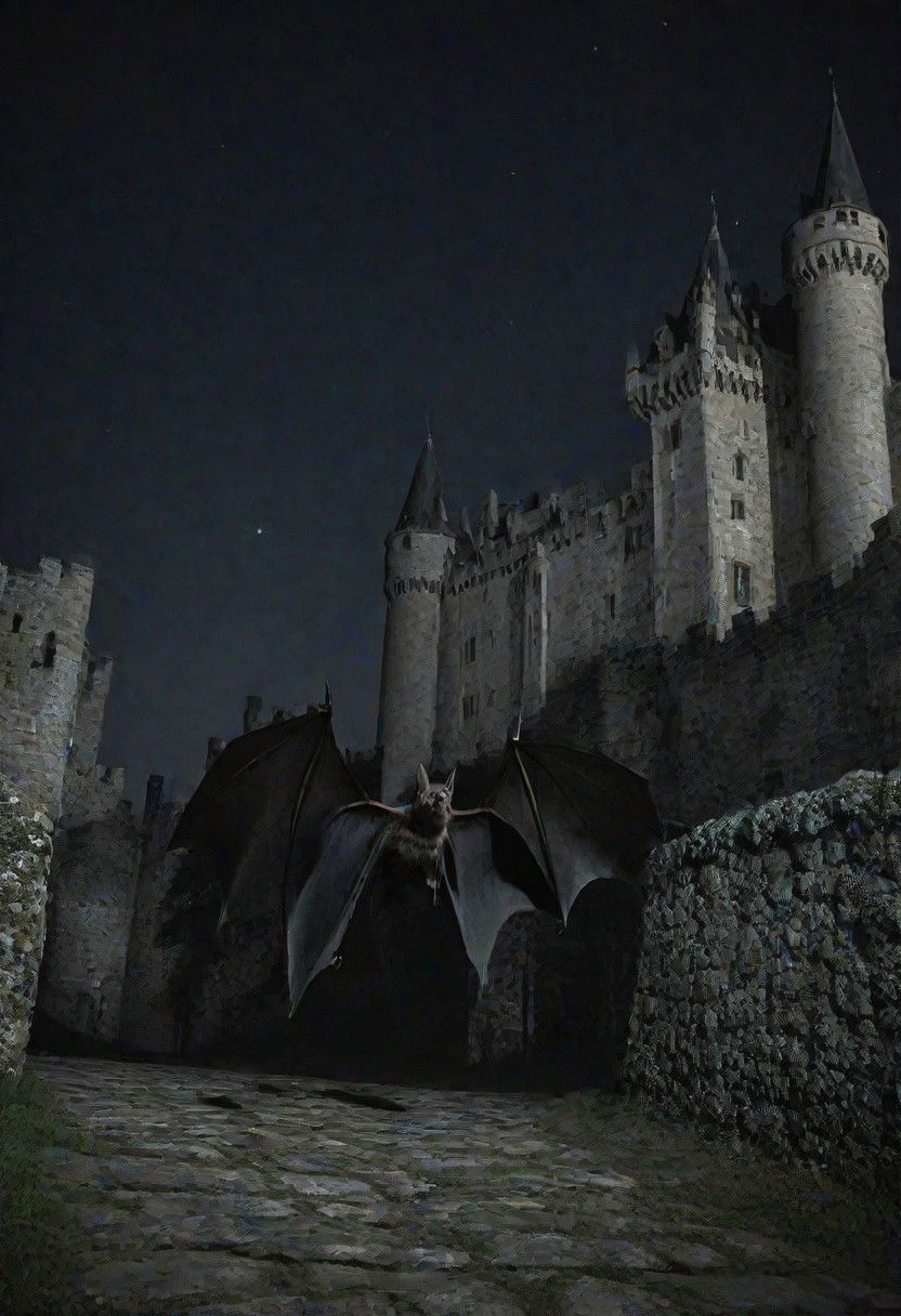 bat walking around a castle at night