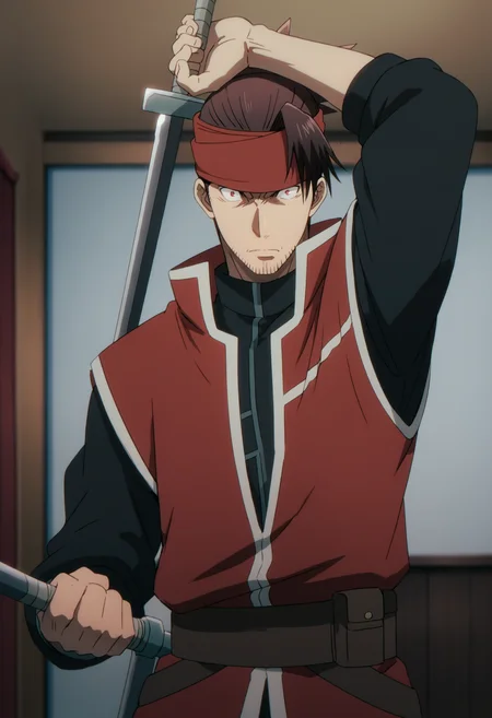 1boy,  rex_eminenceinshadow, brown hair, slicked back hair, ((top knot)), red headband, red eyes, stubble, black under shirt, red vest, veiny arms, score_7_up, score_6_up, score_8_up, score_9, ((anime color)), looking at viewer, detailed eyes, 8k uhd, high quality, medieval, room, expressionless, standing, front view, angry, holding blade, arm up, close up