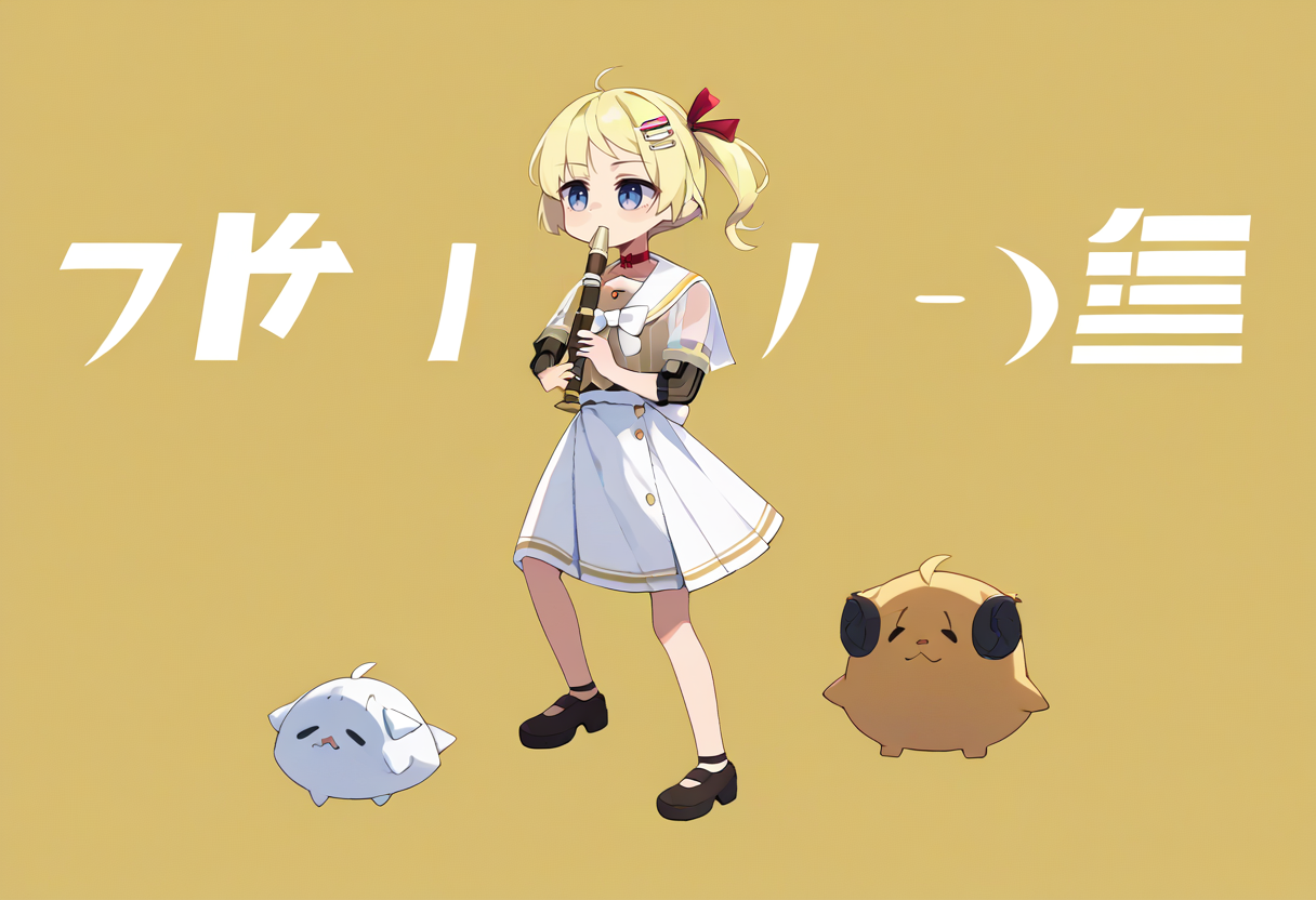 score_9, score_8_up, score_7_up, source_anime, simple background, yellow background, full body, solo, 1girl, WatameCasual, kyoufuuallback, full body, holding flute, ahoge, side ponytail, short hair, hairclip, vertical-striped dress, white skirt, high-waist skirt, sailor collar, red choker, white bow, see-through sleeves <lora:concept_kyoufuuallback_ponyXL:1> <lora:last_1:1>
