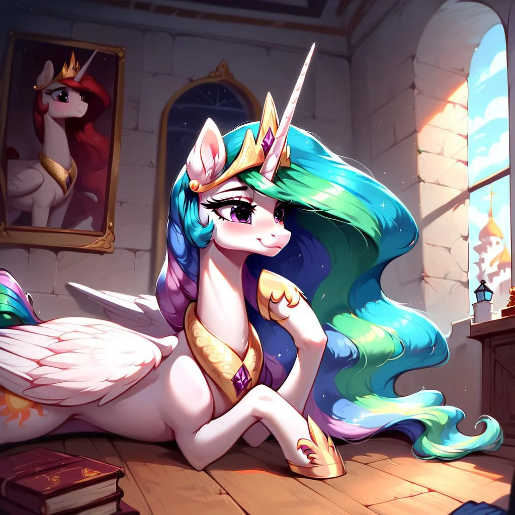 masterpiece, score_9, score_8_up, score_7_up, (best quality:1.1), ultra-detailed, high resolution, 1 girl, solo, pony, alicorn, highly detailed macro illustration, Princess Celestia smiling, blushing, Princess Celestia, feral, female, mare, cute, long eyelashes, (indoors), (((beautiful detailed eyes))), Long eyelashes, fluffy, ear fluff, long eyelashes, (cornering), taking cover, spying, marble wall, Highly Visible, (((8k))), sharp focus, perfect lighting, anatomically correct, extremely detailed, shine on body, (Canterlot Interior), high detail, cute face, Expressiveh, detailed background, OverallDetail, zPDXL2, <lora:Corneringv1:0.8>