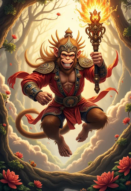 Create a vibrant and dynamic scene featuring a powerful, mythical monkey king, inspired by classic Chinese folklore. He should be depicted in mid-action, wielding his magical staff with confidence, surrounded by swirling clouds and golden light. The setting is a lush, mystical forest filled with ancient trees and vibrant flowers, reflecting the essence of adventure and magic. The monkey king has a mischievous grin, showcasing his playful yet fierce personality, and is adorned in ornate traditional armor with intricate details. Capture the spirit of freedom and mischief in this enchanting moment.