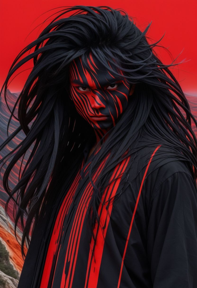 Closeup Portrait, An Abstract surreal n Abstract surreal colorful simple painted black PESonGoku standing at a cliff with extreme Long Hair throughout the frame, katana, red Blood Splash, made of lines, vertical lines, horizontal lines, Portrait Made of intertwining snakes, weaving over and under each other throughout the frame, emphasis effect, moire effect, awash in colorful shades, seamlessly extends the lines,