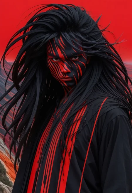 Closeup Portrait, An Abstract surreal n Abstract surreal colorful simple painted black PESonGoku standing at a cliff with extreme Long Hair throughout the frame, katana, red Blood Splash, made of lines, vertical lines, horizontal lines, Portrait Made of intertwining snakes, weaving over and under each other throughout the frame, emphasis effect, moire effect, awash in colorful shades, seamlessly extends the lines,