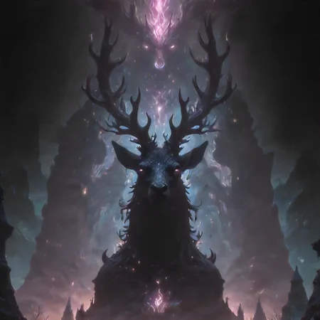 Black, Ultra High Definition, dark fantasy aesthetic, the primal spirits take the form of a great stag, gazing down at a village, establishing shot, from below shot, (chromatic aberration) (faded colors) outlines, bloom effect, soft lighting, CG particles effect, 4K resolution, detailed pupils,<lora:neg4all_bdsqlsz_xl_V9:0.7> <lora:add-detail-xl:0.7> <lora:EnvyMysteriousXL01:0.7>
