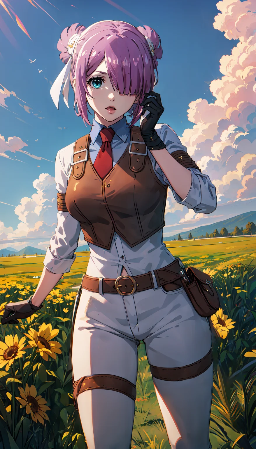 photorealistic, (4k), depth of field, (Masterpiece), (realistic skin texture), extremely detailed, intricate, hyper detailed, professional photography, bokeh, high resolution, sharp detail, best quality, girl, purple hair, hair covering one eye, aqua eyes, hair ribbons, tie, half vest, white outfit, white pants, armbands, black gloves, <lora:GoodHands-beta2:0.4>, <lora:detail_slider_v4:0.8> , dynamic pose, (hands on face), <lora:Laura Satii:0.8> , (outdoors), flower meadow, light rays, open field, blue sky, clouds,